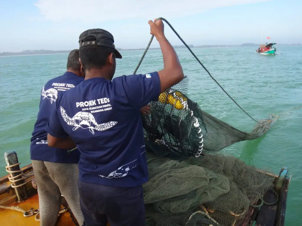 Fishers in sea turtle conservation t-shirts hauling fishing nets on a boat