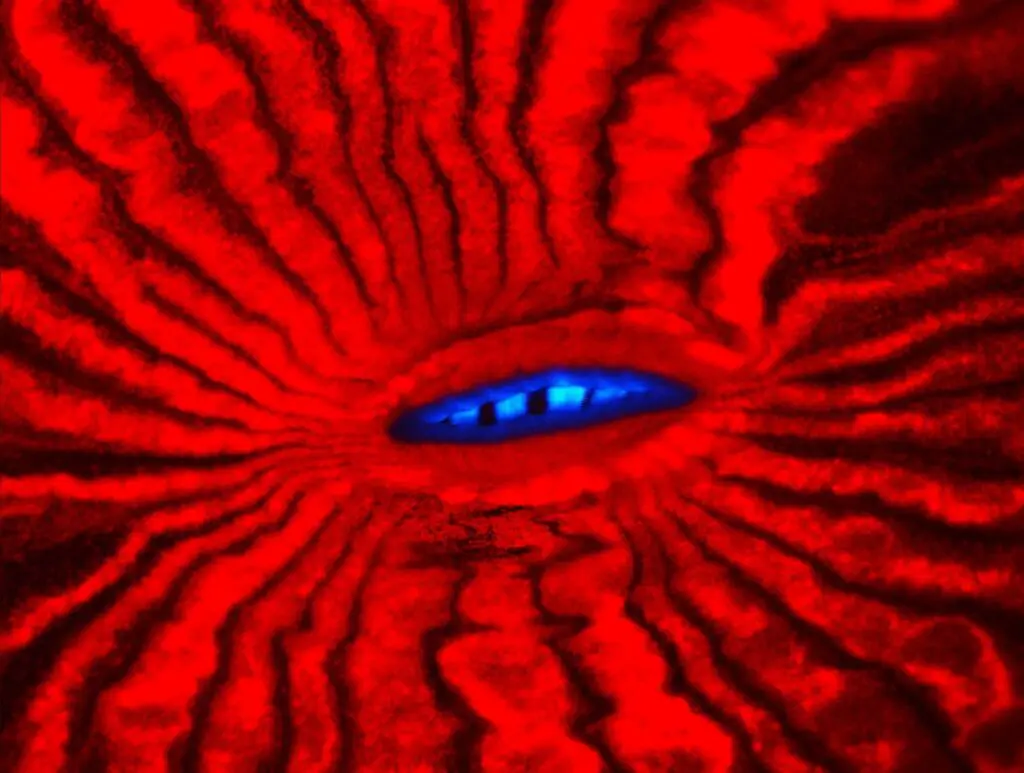 Red fluorescence macro of a Lobophyllia hemprichii coral polyp