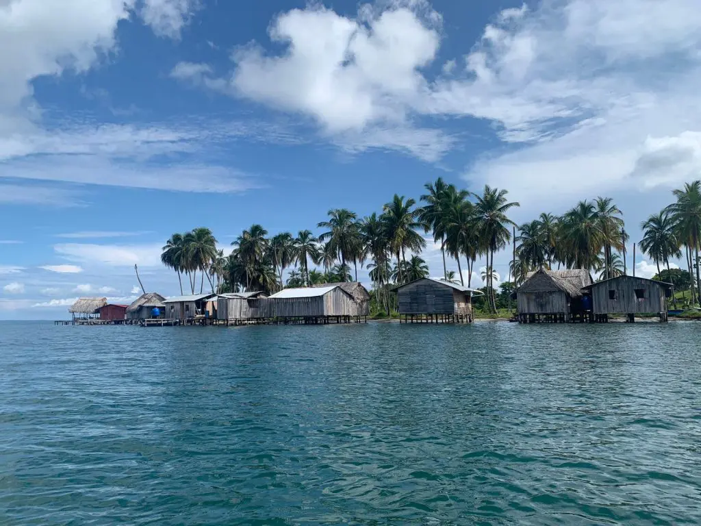 Wooden stilt houses over the water among palm trees.