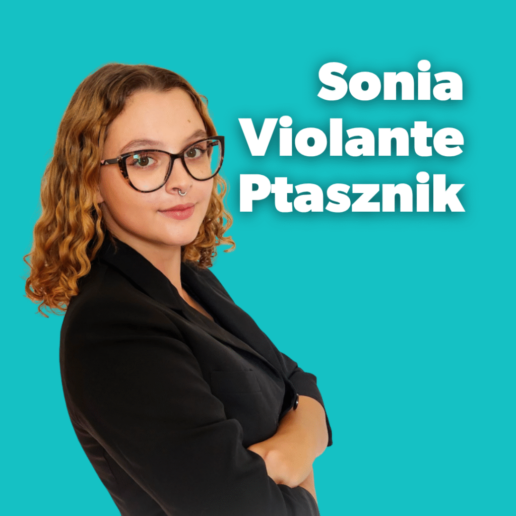 Speaker card portrait of Sonia Violante Ptasznik on a teal background