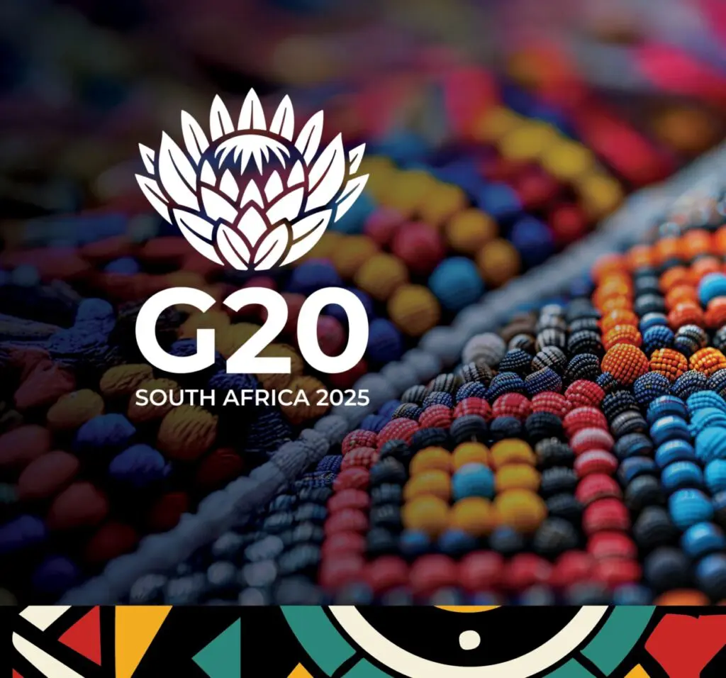 G20 South Africa 2025 branded graphic with a protea emblem and beadwork