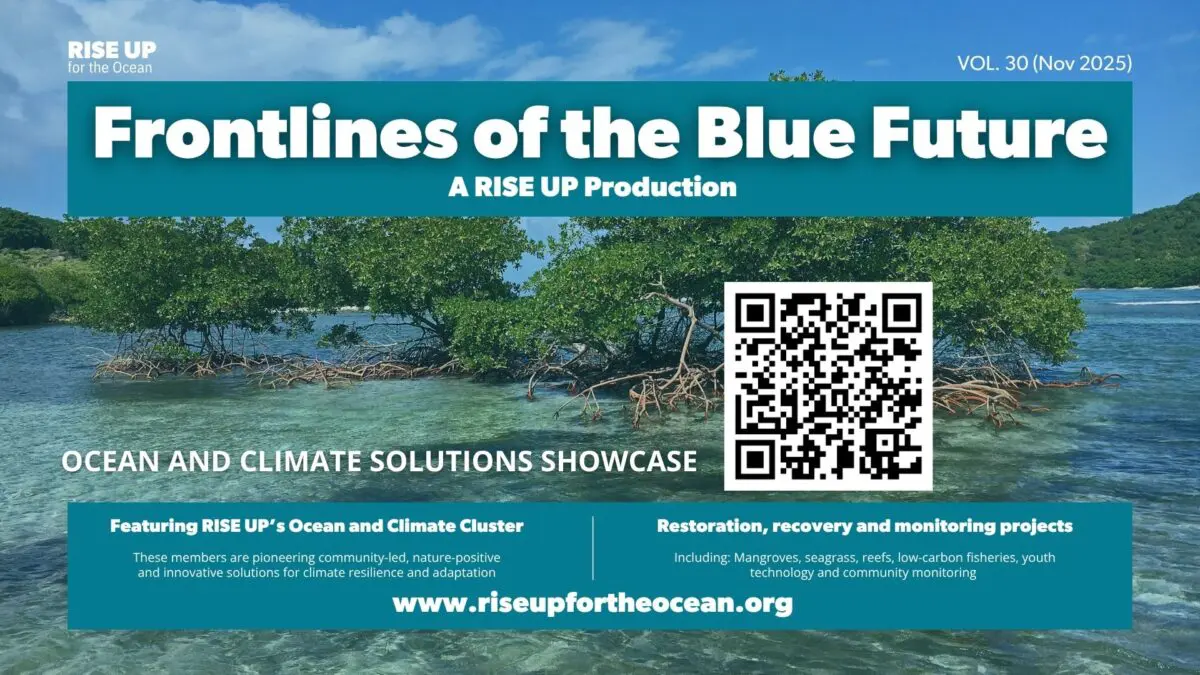 RISE UP "Frontlines of the Blue Future" promotional banner with a QR code