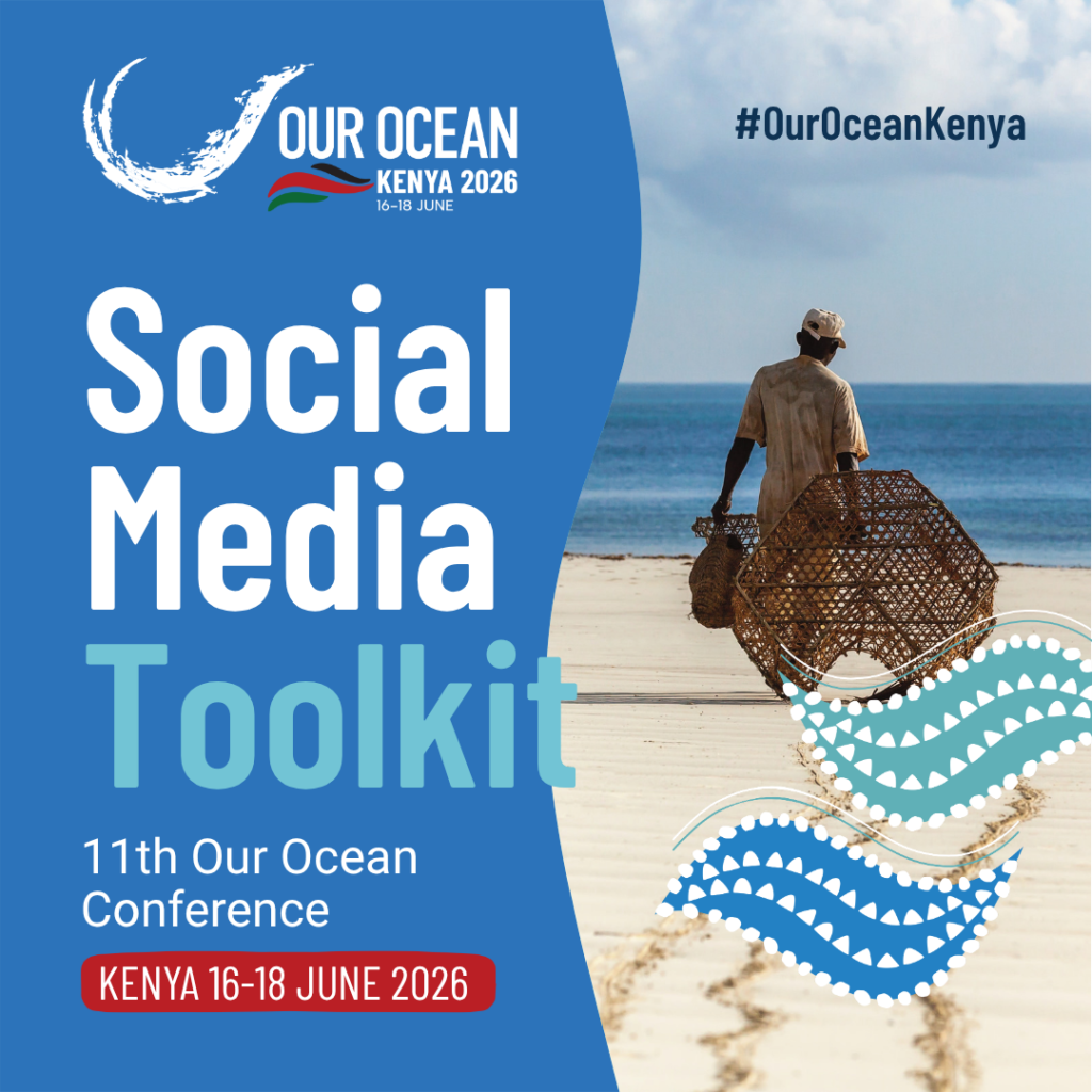 Social Media Toolkit graphic for the 11th Our Ocean Conference, Kenya 16–18 June 2026, showing a fisher carrying a woven fish trap along a sandy beach.