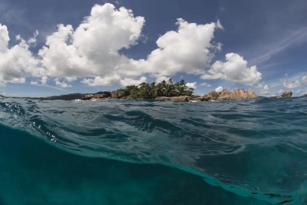 Split-level view of a rocky palm-covered island seen from the water
