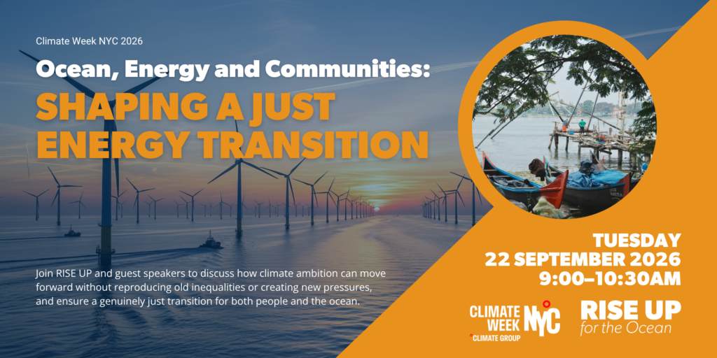 Event flyer for Ocean, Energy and Communities: Shaping a Just Energy Transition, convened by RISE UP for the Ocean during Climate Week NYC.