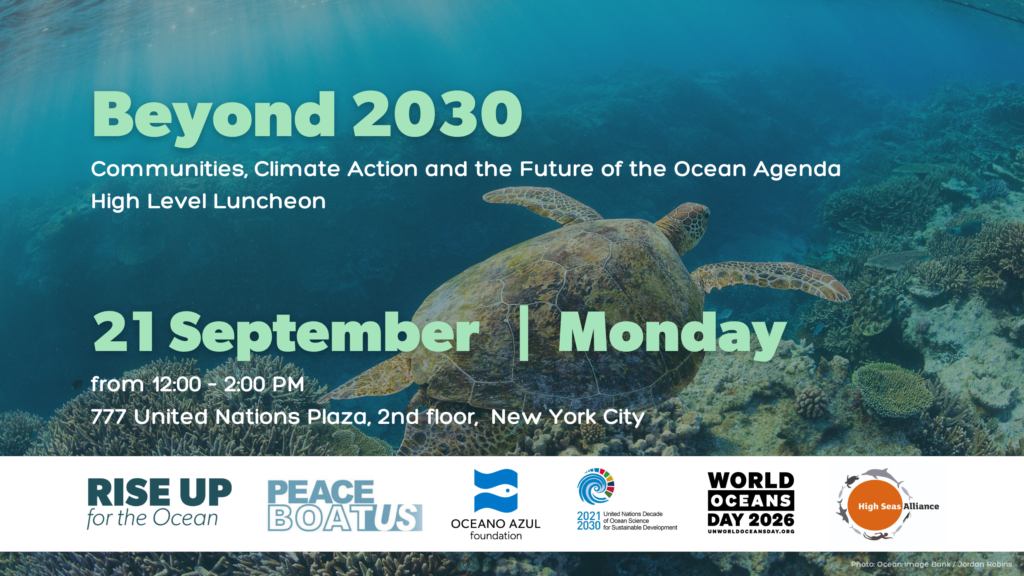 Event flyer for the Communities, Climate Action and the Future of the Ocean Agenda High Level Luncheon, hosted by RISE UP for the Ocean and Peace Boat US during Climate Week NYC.