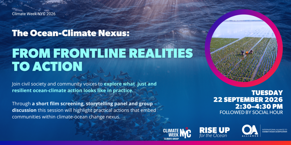 Event flyer for The Ocean-Climate Nexus: From Frontline Realities to Action, convened by RISE UP for the Ocean and the International Alliance to Combat Ocean Acidification during Climate Week NYC.