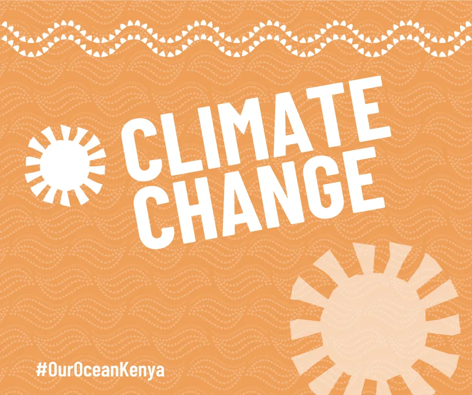 Our Ocean Kenya 2026 area of action graphic reading “Climate Change”, with stylised white sun motifs on an orange patterned background and the hashtag #OurOceanKenya.